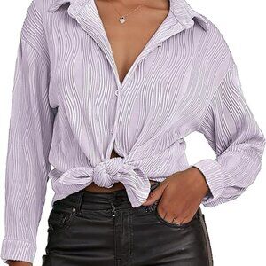 CHYRII Womens Textured Button Down Long Sleeve Shirt Casual Work Office Blouse